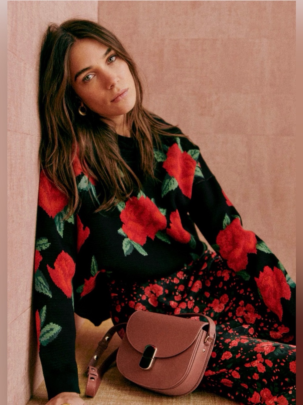 Sézane Adolie Jumper Black Sweater with Bold Red Rose Print
